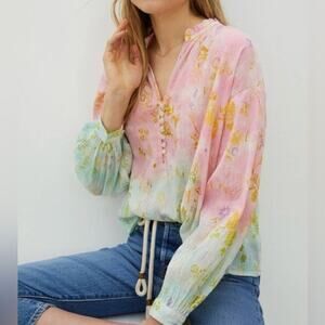 Pilcro The Tavi Blouse Women's XS Pastel Tie Dye Long Sleeve V-Neck Boho Cotton